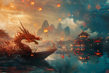 Obraz premium Beautiful holiday composition for happy celebrate chinese dragon boat festival, abstract vivid composition consists of fictional unreal fantastic vision on background