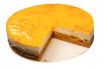 Orange cheesecake isolated on a white background.