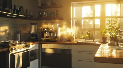A stylish open-concept kitchen with a combination of stainless steel and matte white appliances, featuring a high-tech coffee station, with golden sunlight streaming in. 4K ultra-realistic photograph.