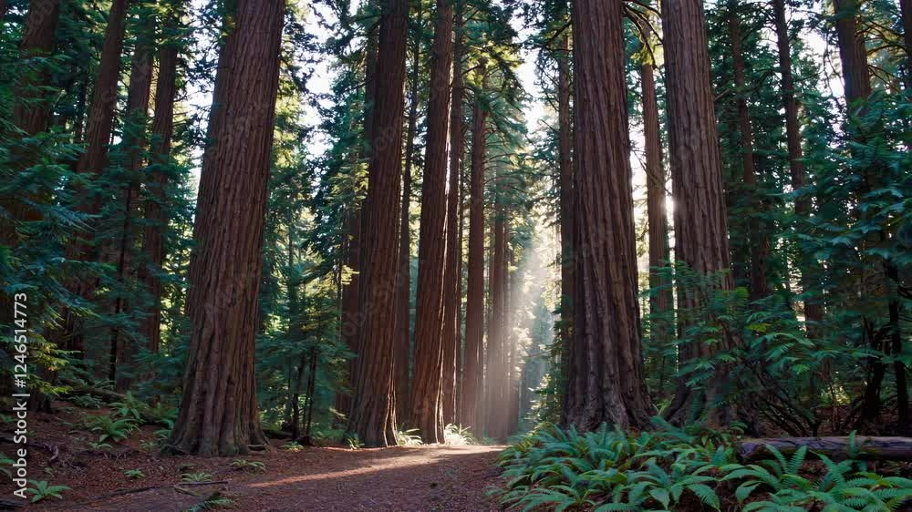 Poster Majestic sunlight filters through towering trees in a serene forest setting