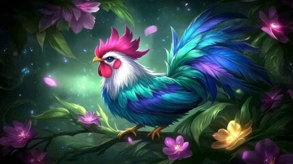 Fototapeta premium Vibrant Rooster in Blooming Night Garden