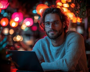 Tech savvy Small Business Owner Working on Laptop in Coworking Space with Glowing Devices