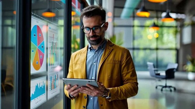 Professional man reviews data on tablet near colorful charts in modern office space