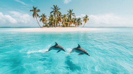 Dolphins Jumping Near Tropical Island with Palm Trees and Clear Water
