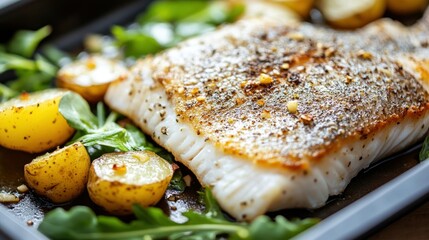 A visually striking 4K shot of a hake fillet fresh out of the oven, its crispy skin glistening under warm lighting, paired with garlic-infused potatoes and greens.