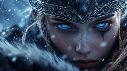 A close-up of a Viking woman with wolf-pelt armor, her icy blue eyes locked on her enemy, as snowflakes settle on her face and the distant sound of battle echoes behind her