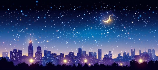 Crescent Moon Over City Skyline A Nighttime Scene With Connecting Lights And Vibrant Blue Hues