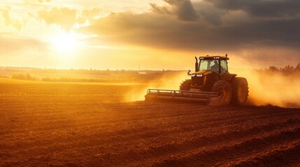 Tractor Cultivating Field at Sunset with Dust and Dramatic Sky