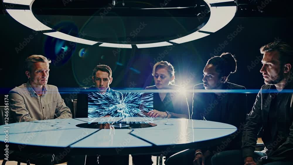 Poster group of professionals engaged in a high-stakes discussion at a futuristic conference table in a dim