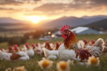 A serene view of free-range chickens roaming in a grassy field, pecking at the ground