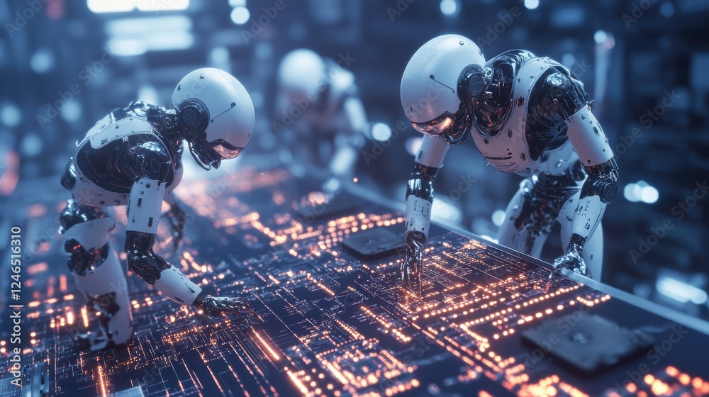 Poster futuristic robots analyzing circuit boards in a high-tech environment