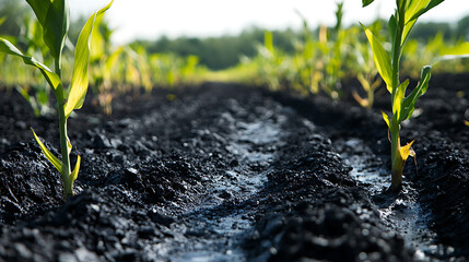 Agricultural field showcasing young corn plants emerging from biochar amended soil, symbolizing hope for enhanced crop growth and sustainable farming