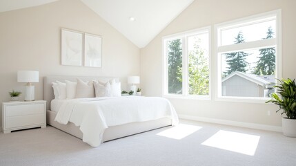 Fototapeta premium Bright bedroom with king bed, high ceilings, and forest view