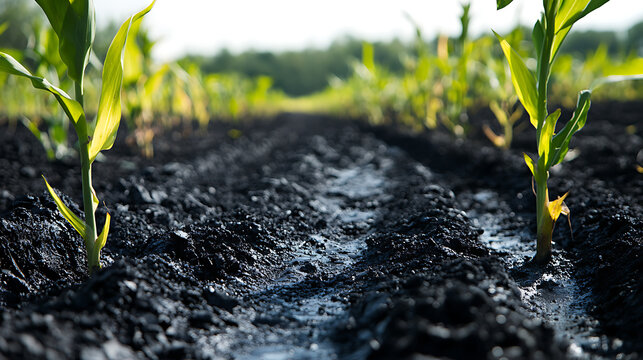 Agricultural field showcasing young corn plants emerging from biochar amended soil, symbolizing hope for enhanced crop growth and sustainable farming