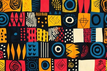 Obraz premium vibrant african textile pattern featuring bold geometric shapes in pan-african colors, layered with traditional symbols and modern elements