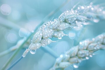 soft tone morning dew on an ear of wheat in nature close up macro in light blue pastel colors reflection