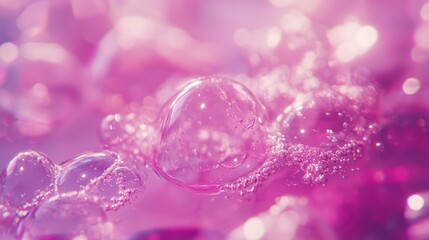 An artistic macro shot of transparent air bubbles refracting neon pink and purple lights, creating a surreal floating sensation in liquid. Ultra-sharp 4K photography.