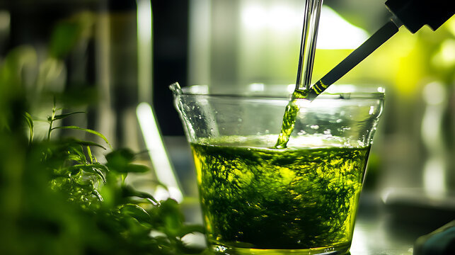 Scientist carefully adds algae extract to beaker, showcasing potential of biofuel research with focused determination and precision