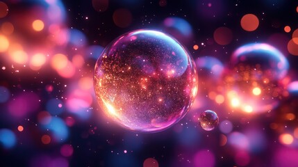 Cosmic Spheres: A vibrant abstract artwork showcasing glowing orbs filled with glittering galaxies, set against a backdrop of colorful bokeh lights.  Digital art, universe, fantasy.