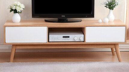 Modern wooden tv stand in cozy living room furniture display contemporary style minimalist environment front view