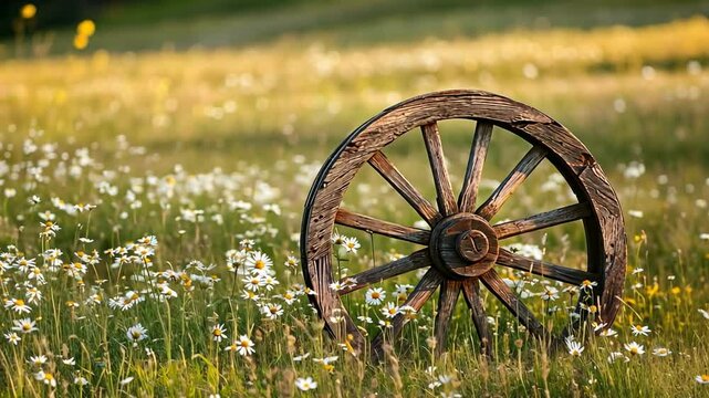 Rustic Charm: A weathered wooden wagon wheel stands serenely amidst a field of blooming daisies, bathed in the soft light of the setting sun, evoking a sense of nostalgia and rural tranquility. 