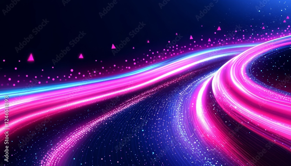 Poster dynamic, futuristic data visualization sharp curved lines, upward triangles on dark background
