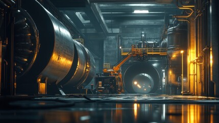Fototapeta premium An underground pipeline maintenance site, showing heavy machinery lifting large industrial pipes for repair, surrounded by dim tunnel lighting. Ultra-detailed 4K photography.