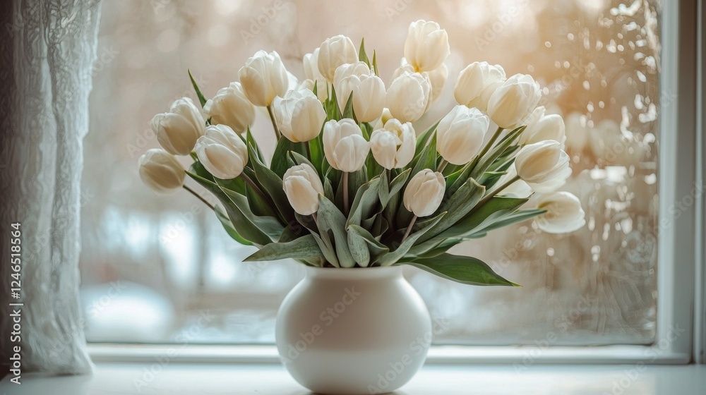 Poster A stunning arrangement of white tulips rests in a sleek white vase on a minimalist table, illuminated by soft light filtering through a blurred window, creating a tranquil atmosphere