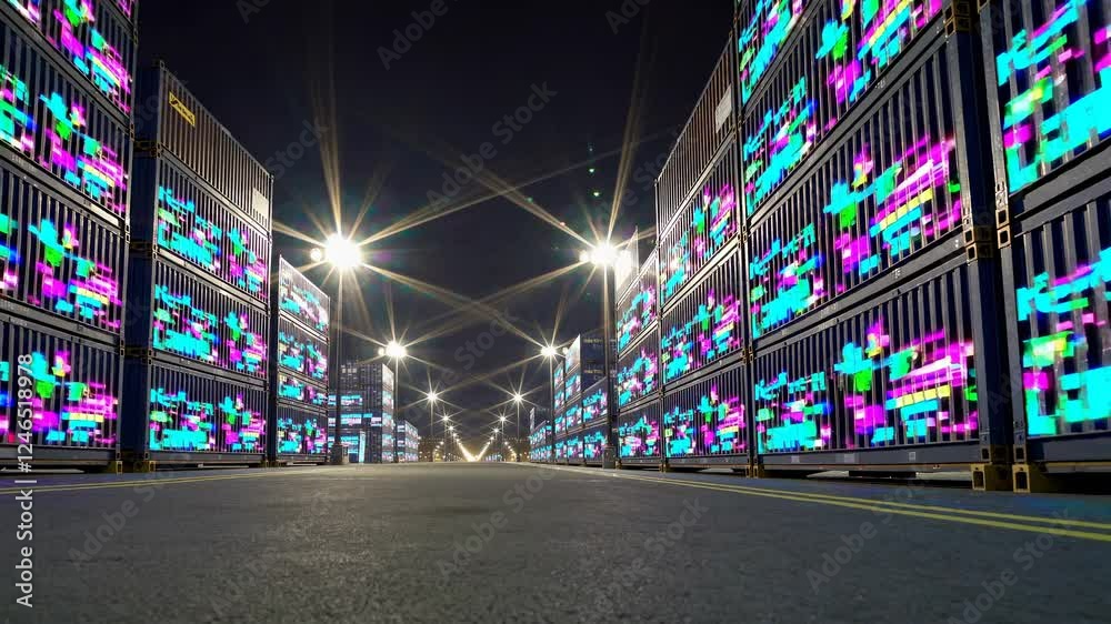 Poster brightly lit shipping containers create a vibrant path at night in an urban setting