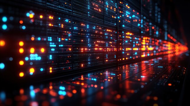 Data Center Network, glowing digital code, server room, future tech