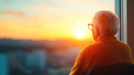 Sunset reflection of an elderly man city skyline portrait serene environment side view contemplation of life