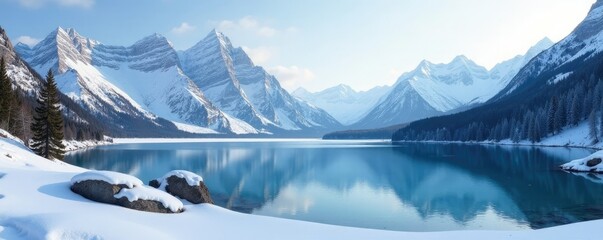Panoramic mountain landscape with snow-capped peaks and frozen lake, Austrian Alps, cold