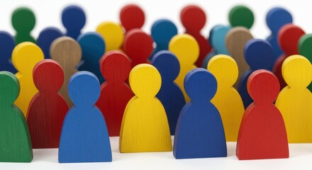 A crowd of colorful wooden cutouts in the shape of human figures arranged closely together