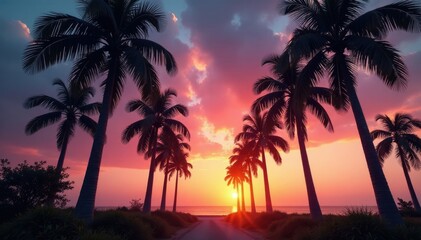 Obraz premium Palm trees swaying gently in the breeze at dusk, palm grove, warm glow