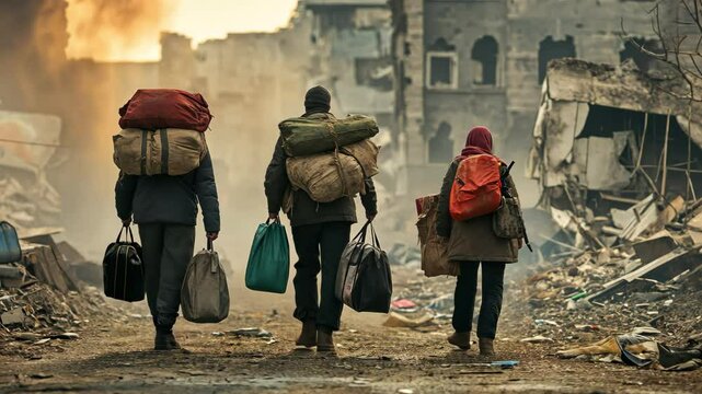 Homeless people in a war zone, each carrying their own belongings as they walk separately.