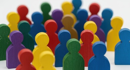 A crowd of colorful wooden cutouts in the shape of human figures arranged closely together