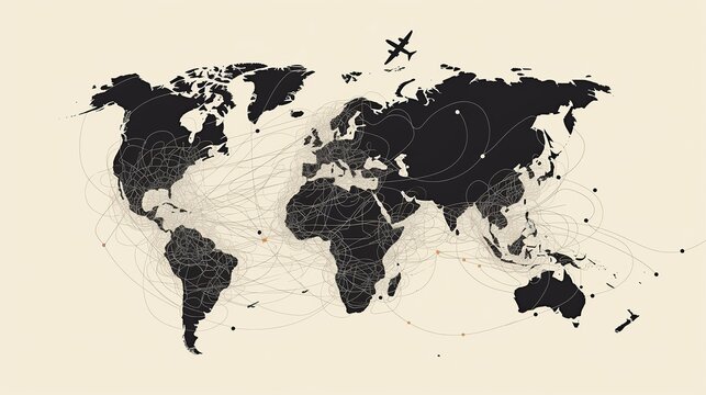 World map with network lines, flying plane, travel routes, for business concept