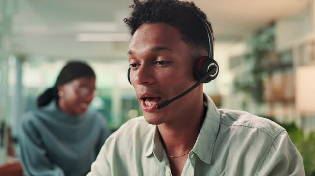 Talking, virtual assistant and man with headset in office for administrative support with crm. Communication, audio tech and male business coordinator with online customer service in workplace.