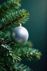 Pine branch with a sparkly silver ornament and frosty leaves, green, ornament