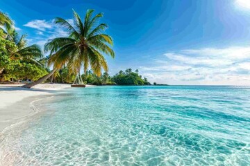 Obraz premium A tropical paradise scene with a swing hanging from a palm tree over crystal-clear water