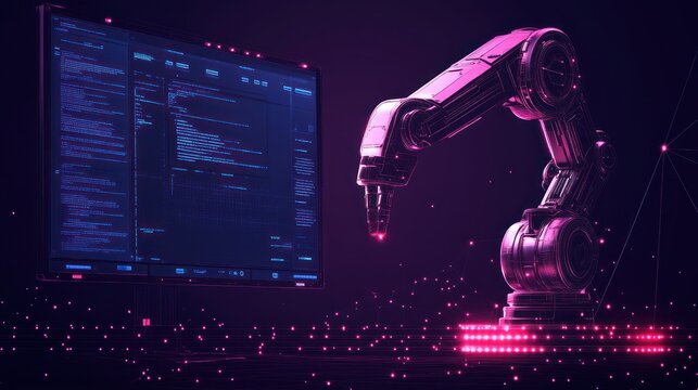 Robotic arm interacting with computer code on screen.