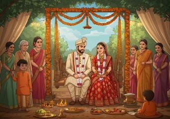 A beautifully illustrated cartoon-style vector artwork depicting a South Asian wedding scene
