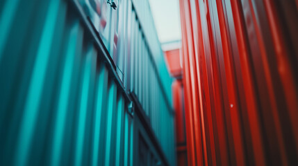 Close-up of a stack of shipping containers symbolizing international trade and tariffs, global logistics, supply chain management, and economic exchange concepts.