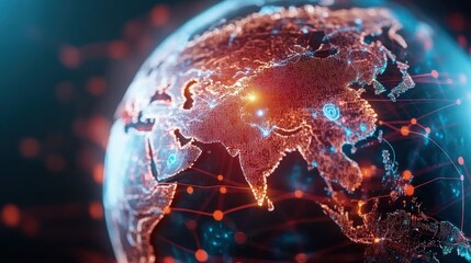 A digital globe with AI nodes connecting across continents, symbolizing global AI networks and technological innovation