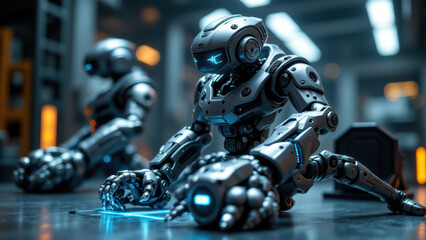 Fototapeta premium Futuristic robots operating on a factory floor with advanced machinery.