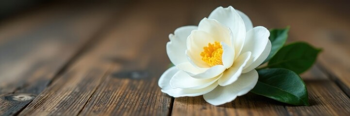 Delicate white camellia flower on a wooden table, simplicity, petals