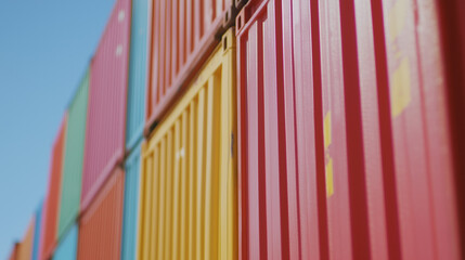 Close-up of a stack of shipping containers symbolizing international trade and tariffs, global logistics, supply chain management, and economic exchange concepts.