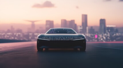 Futuristic self driving electric car is moving on a highway in a smart city with modern buildings at sunset, showcasing innovation in autonomous vehicles and urban mobility