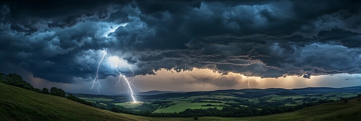 Fototapeta premium A dramatic summer thunderstorm over rolling green hills with dark clouds and vivid lightning strikes