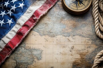 weathered nautical map with american flag corner detail, compass rose and aged rope creating vintage patriotic still life